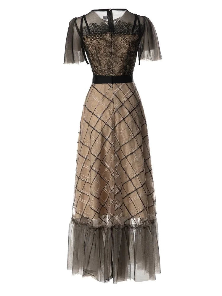Vintage Dress Women's Black Lace Hollow Beaded Plaid High Waist Maxi Dress