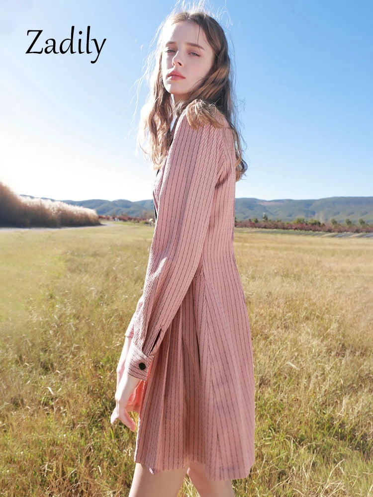 Pink Casual Button Up Turn Down Collar Striped A-Line Mini Dress