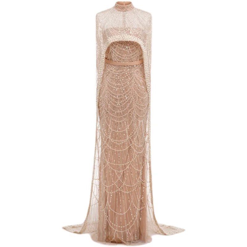 Champagne  Heavy Pearls with Cape Evening Dress