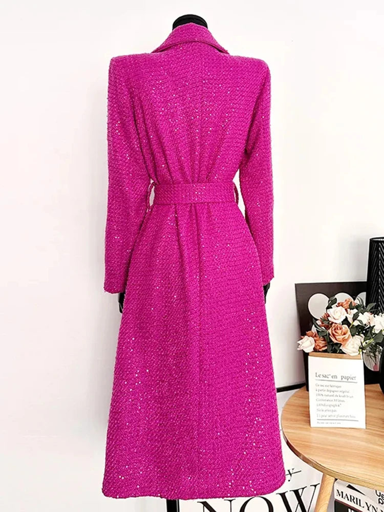 Purple French Tweed Coat With Belt