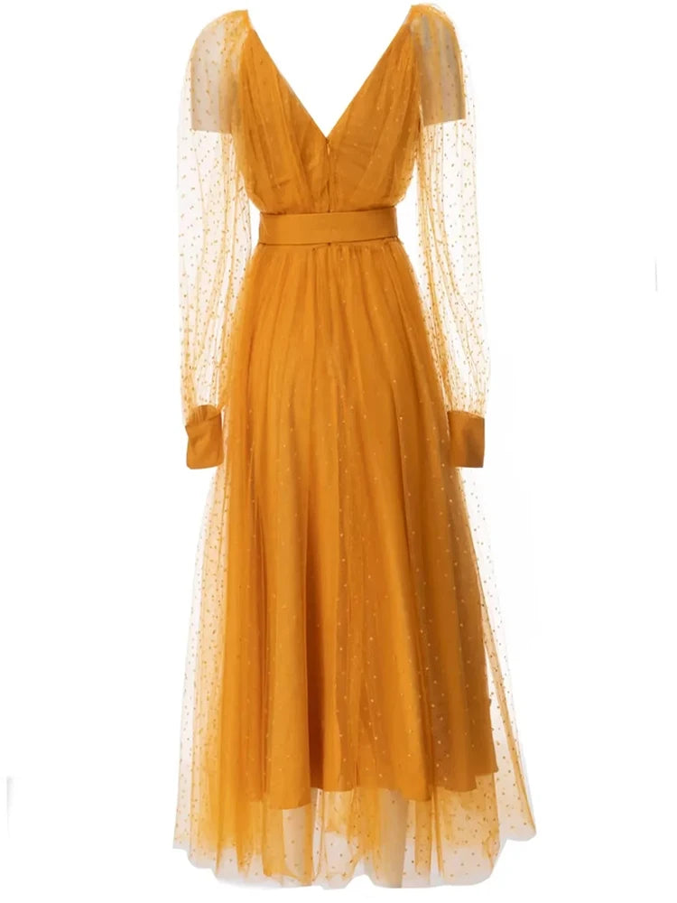 Orange Polka Dot Mesh Dress V-Neck Long Sleeve Belt Backless Vintage Midi Dress