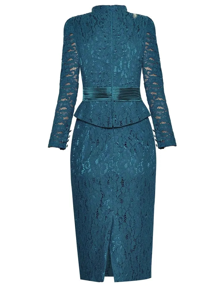 Blue Embroidery Long Sleeve Beaded Lace Midi Dress