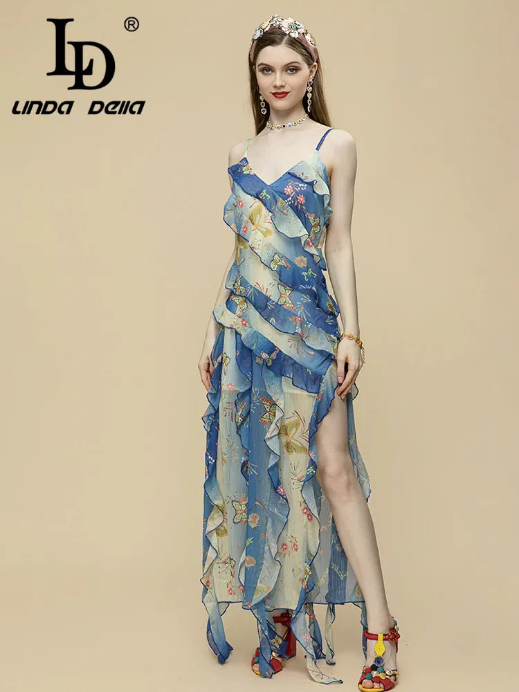 Casual Bohemian Summer V-neck Ruffles Spaghetti Strap Maxi Dress