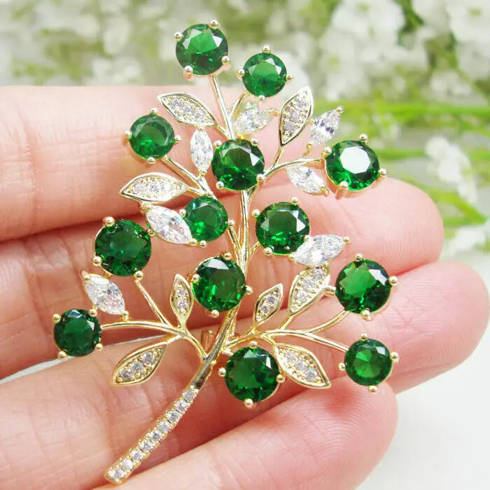 Luxurious Woman's Green Zircon Crystal Flower Brooch Pin