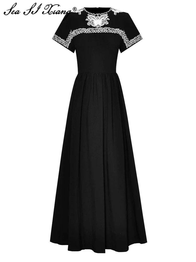 Black Contrasting Colors Embroidery High Waist Slim Vintage Maxi Dress
