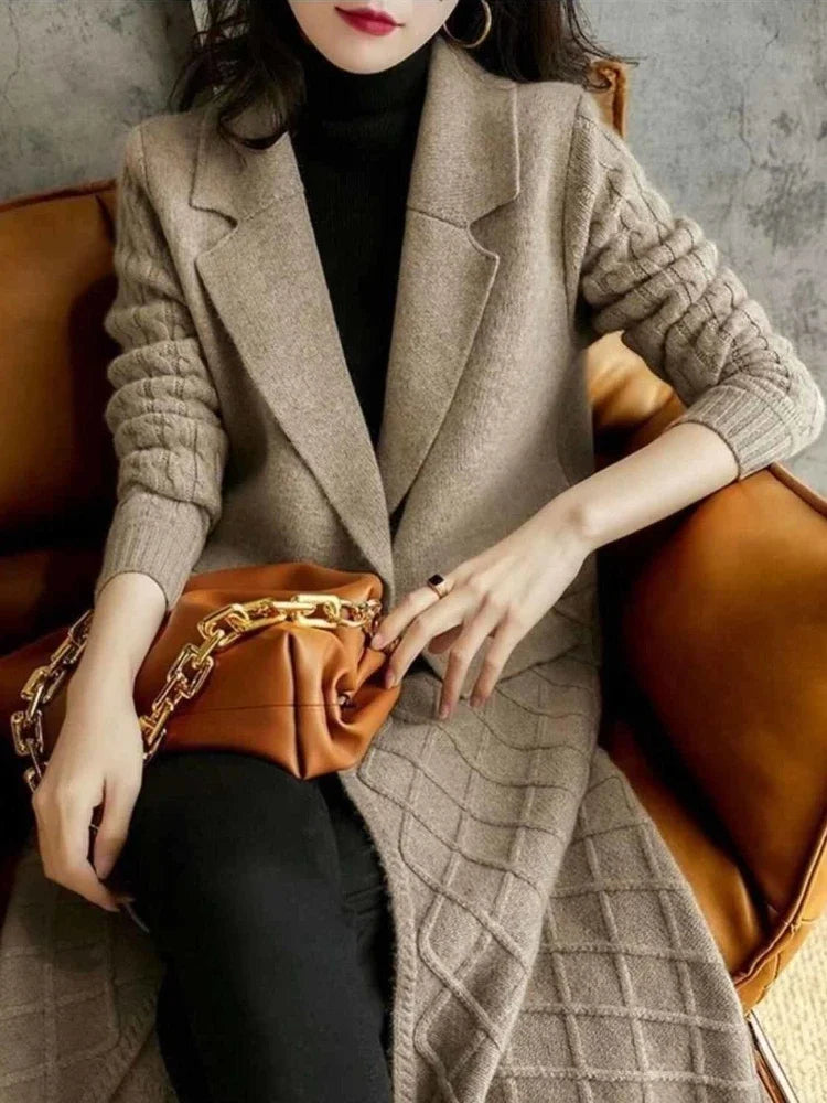 Oversized Knitted Tops Suit Collar Long Sleeve Cardigan