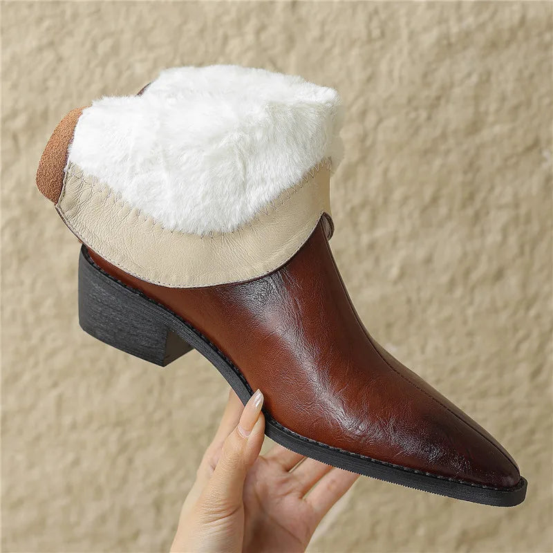 Genuine Leather  Pointed Toe Heels, Zipper Thick Fur Ankle Boots