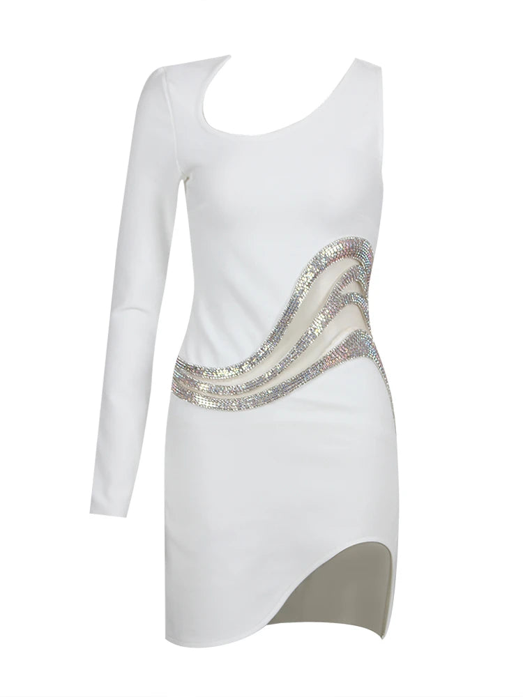 One Shoulder Long Sleeve Mesh Patch Diamond Bandage Mini Dress