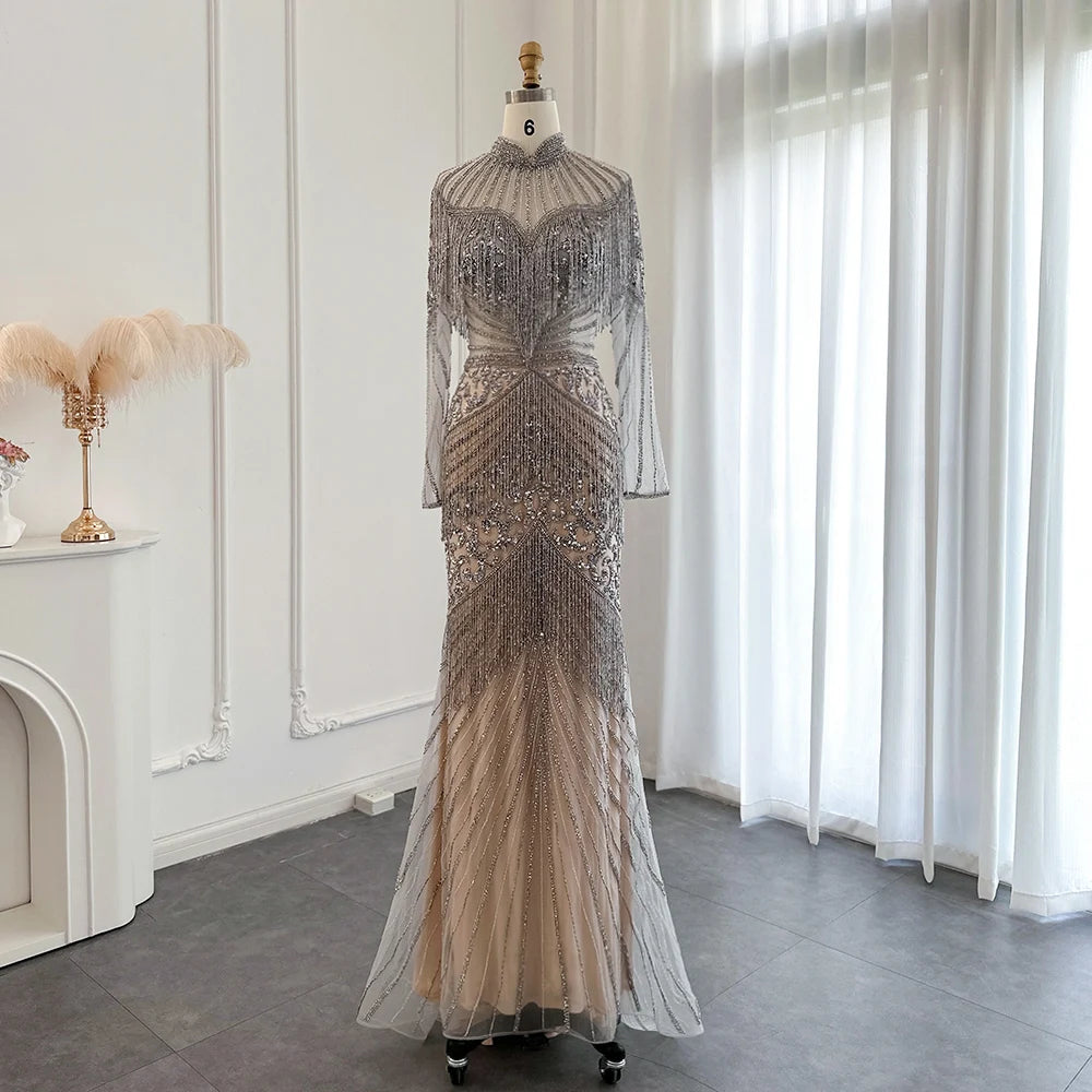 Perfect Floor-Length High Neck Full Sleeves Zipper Tassel Illusion Wedding Guest Dress