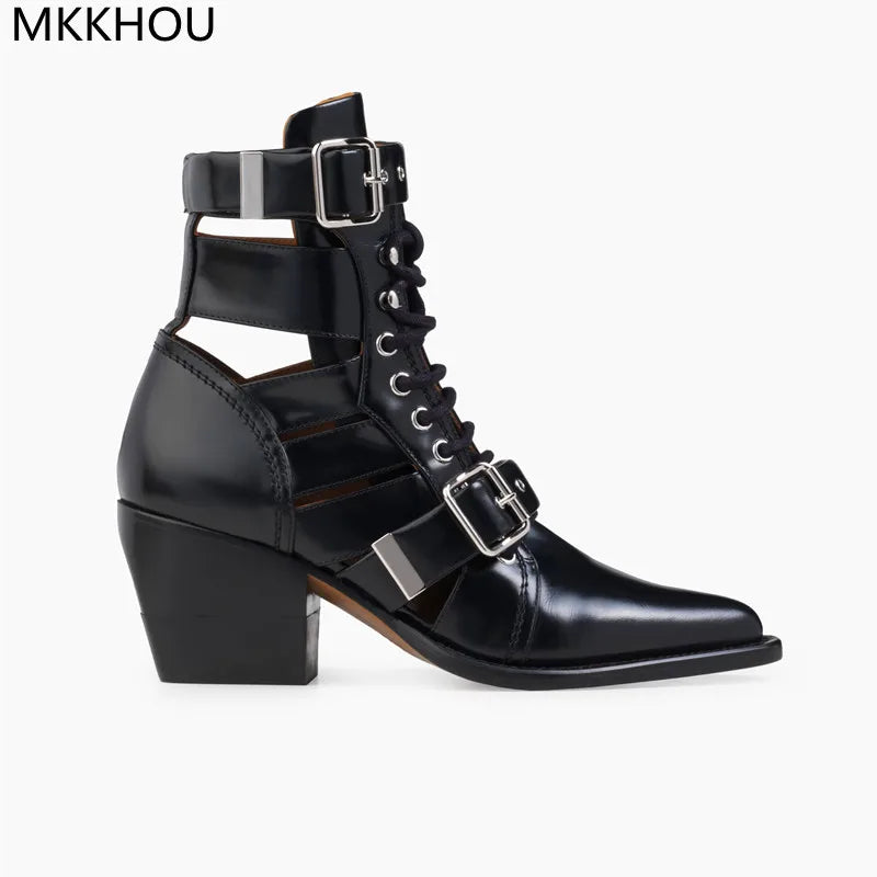 Retro Punk Leather Hollow Pointed Toe Belt Buckle Boots Women's Ankle Height Style