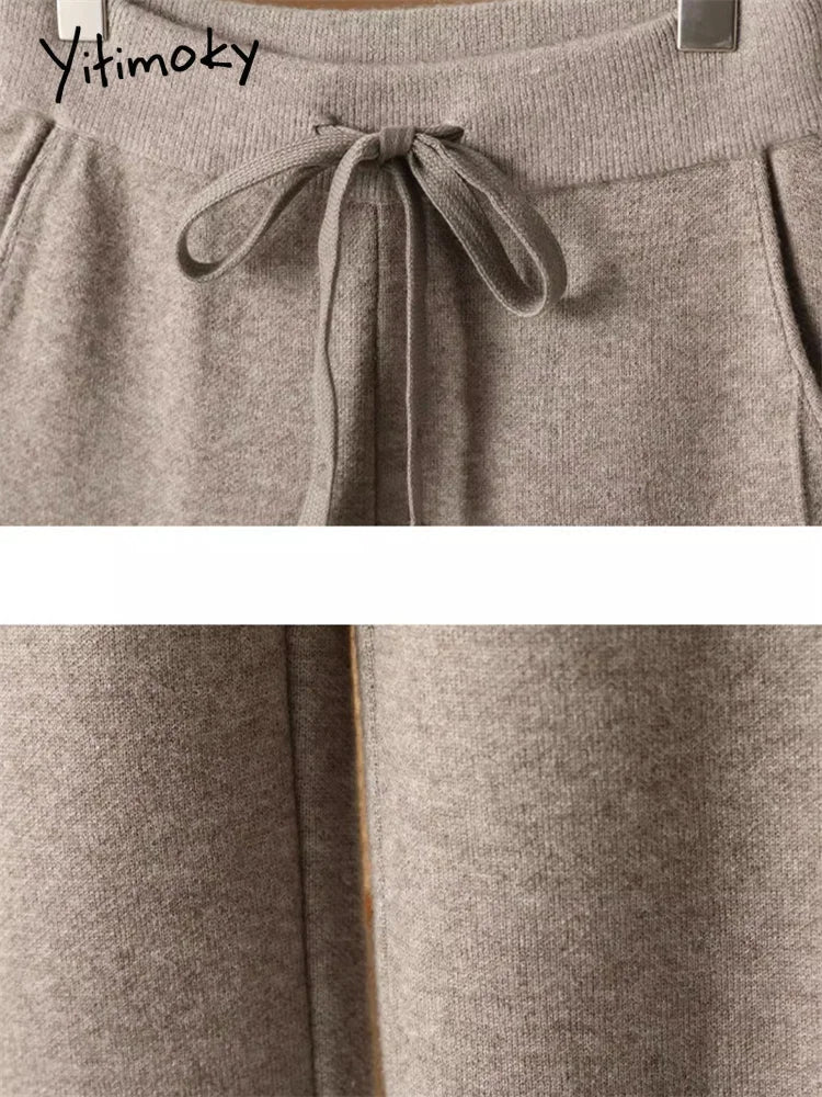 High-Waisted Casual Drawstring Straight Loose Wool Pants