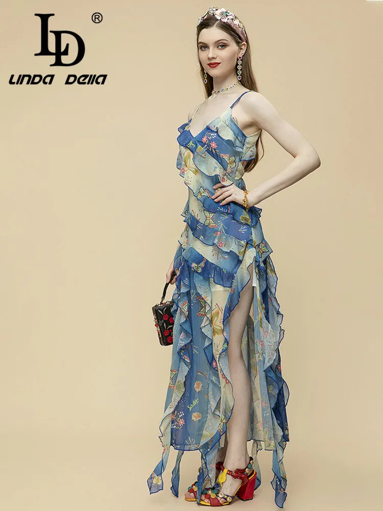 Casual Bohemian Summer V-neck Ruffles Spaghetti Strap Maxi Dress