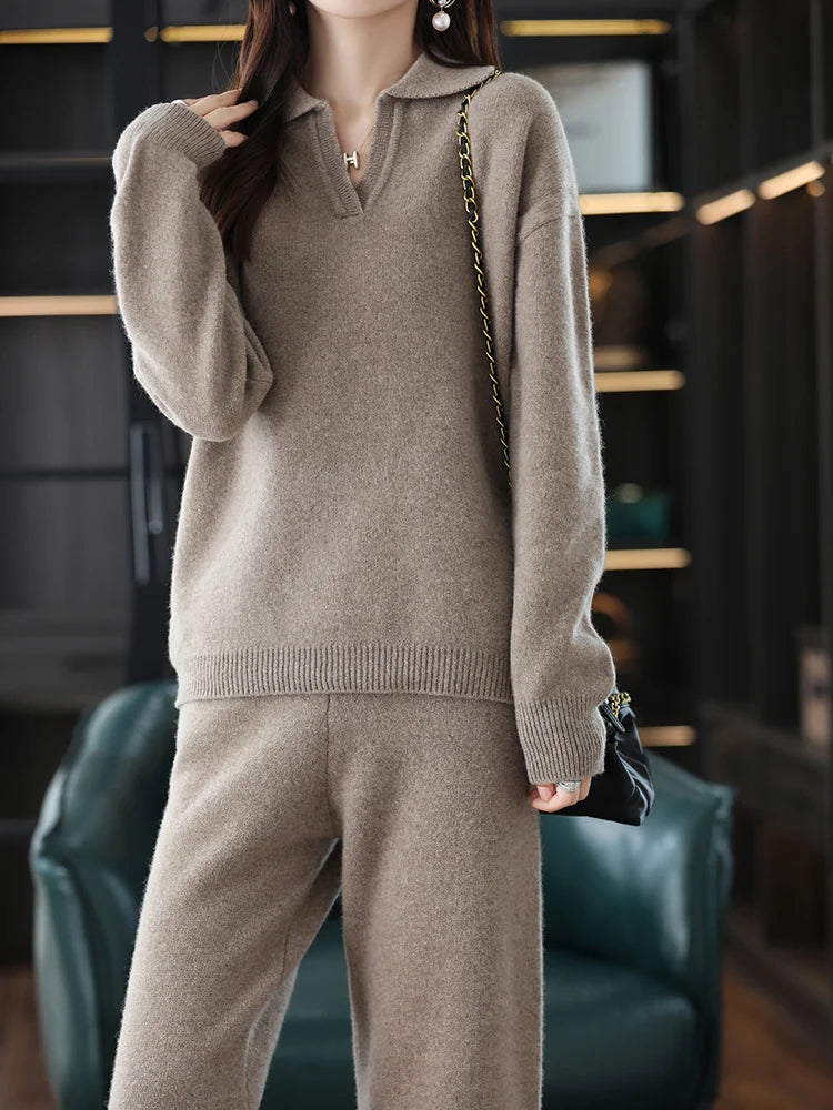 Cashmere Sweater Wide-Leg Pants Wool Knitted Two-Piece Suit