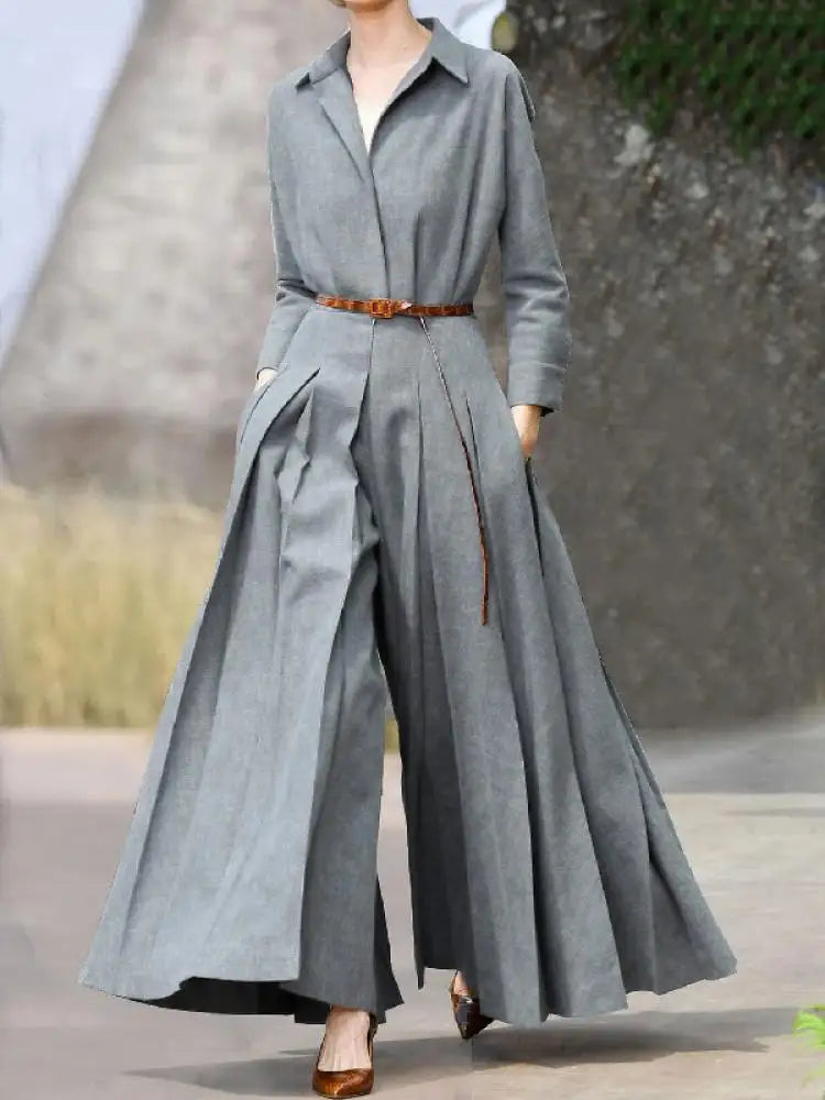 Long Sleeves Lapel Wide Leg Pleated Jumpsuits