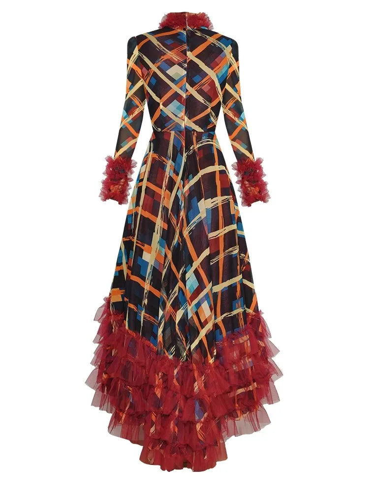 Asymmetrical High Collar Long Sleeve Plaid Print Ruffle Elegant Maxi Dress