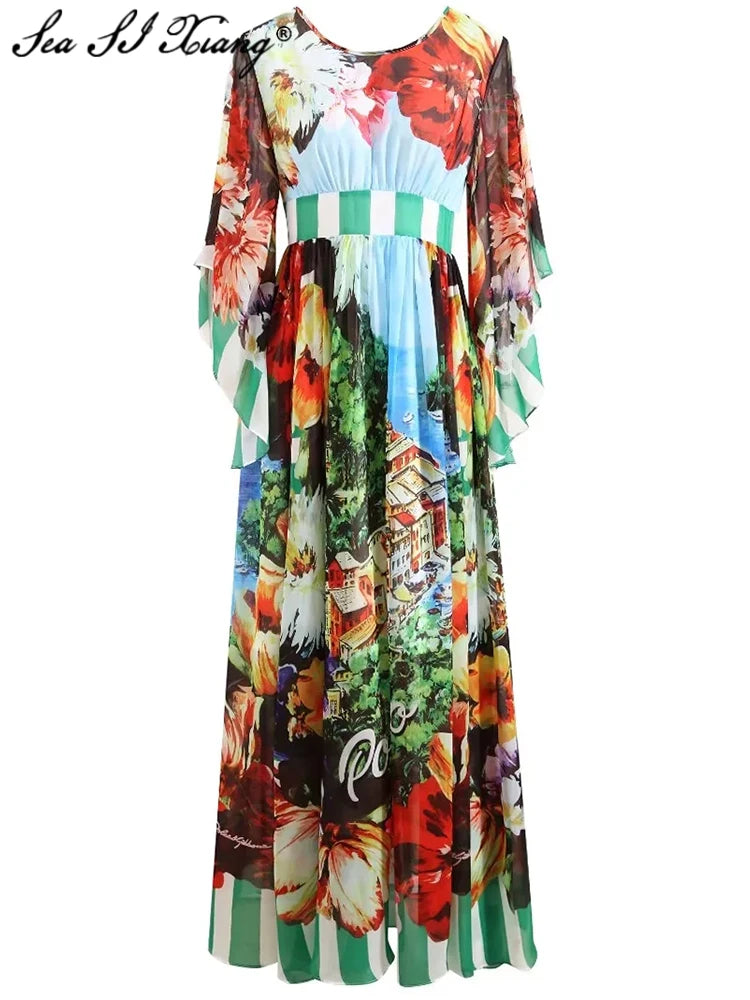 Chiffon Flare Sleeve Coastal City Floral Print Bohemian Maxi Dress