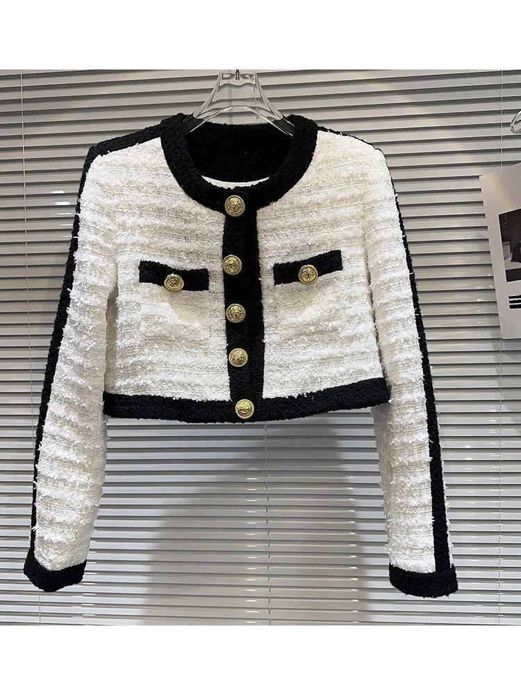 Black White Contrasting Tweed Short Jacket Skirt Set