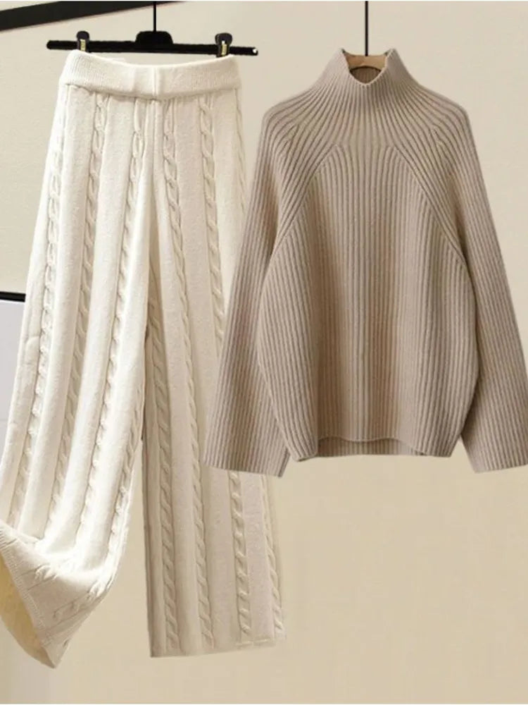 Three Piece Sets Turtleneck Knitted Sweater+woolen Pants Sets