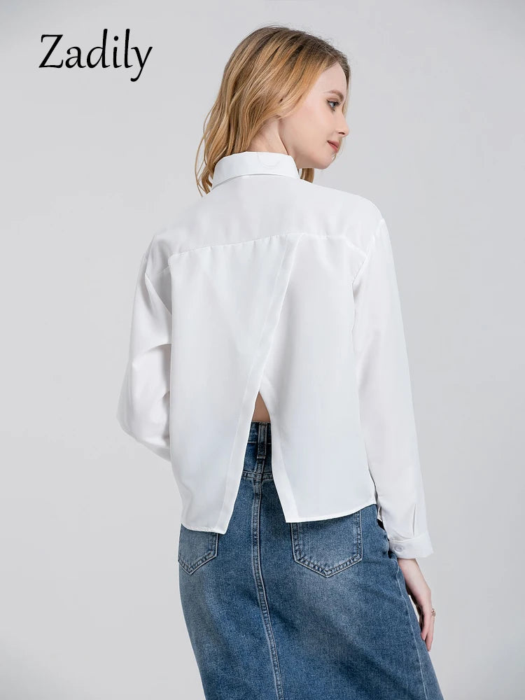 Zadily 2023 Summer Casual Long Sleeve Women White Crop Shirt Korea Style Button Up Irregular Split Woman Blouse Female Clothing