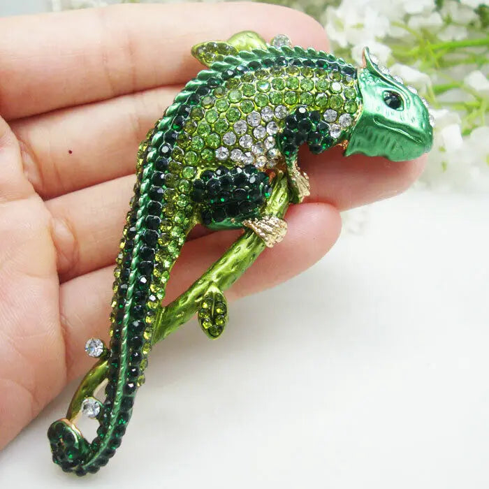 Gorgeous Green Chameleon Animal Pendant Brooch Pin Rhinestone Crystal