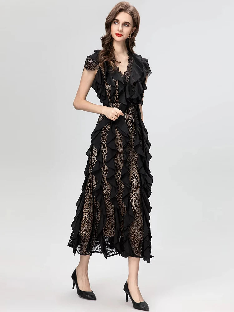 Vintage V-Neck Flying Sleeve Hollow Out  Lace Midi Dress