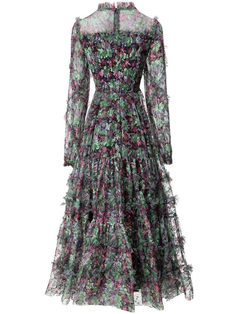 Ruffle Flower Print Vintage Midi Dress