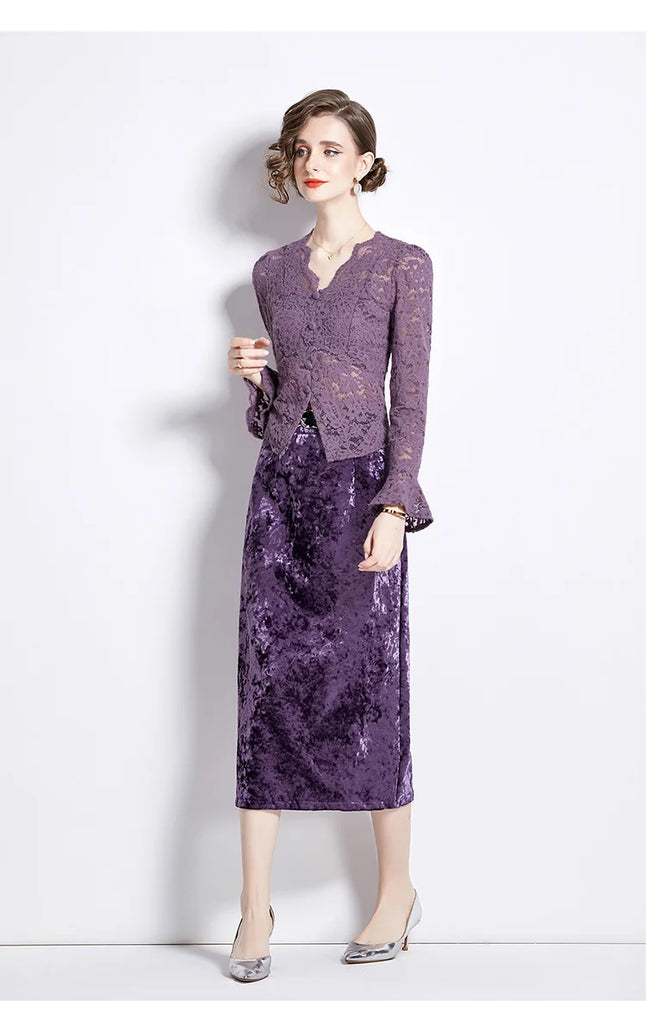 Elegant Lace & Velvet Dress Suit Set
