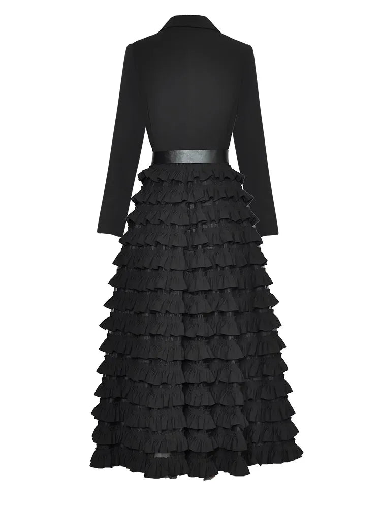 Black Long Sleeve Double Breasted Belt Ruffle Elegant Midi Dress
