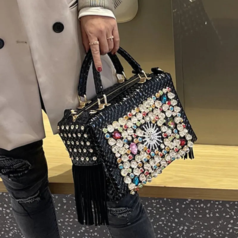 Genuine Leather Tassel Fashion Rhinestone Handbag