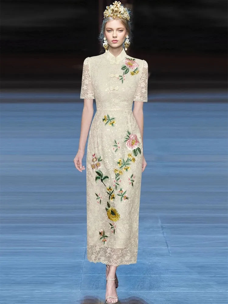 Short Sleeve Flower Embroidery Qipao Midi Dress
