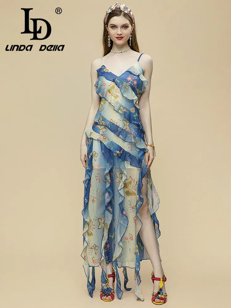 Casual Bohemian Summer V-neck Ruffles Spaghetti Strap Maxi Dress