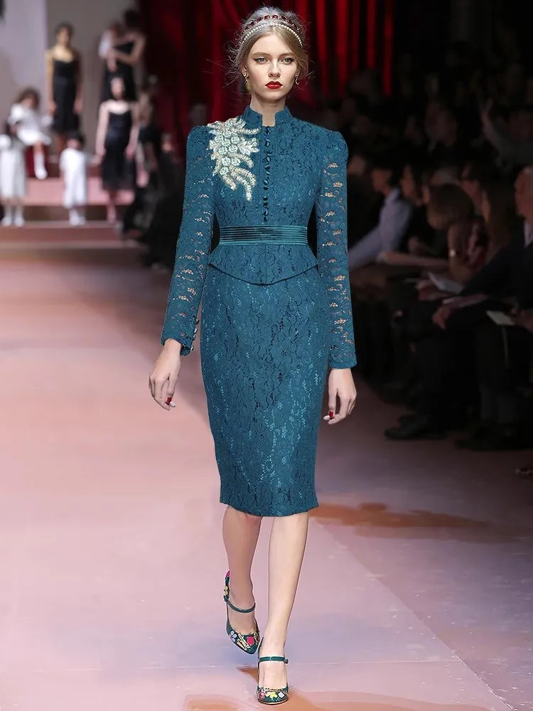 Blue Embroidery Long Sleeve Beaded Lace Midi Dress