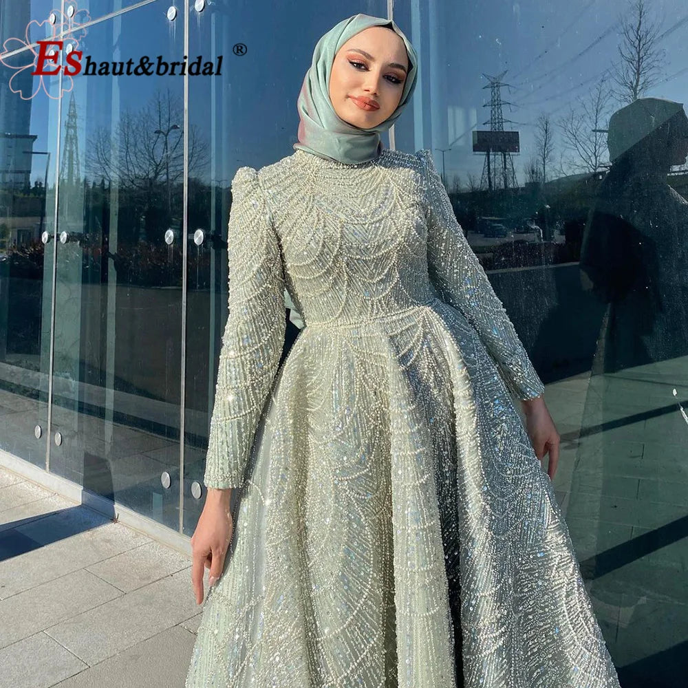Elegant Dubai  High Neck Long Sleeves Aline Ankle Length Formal Dress