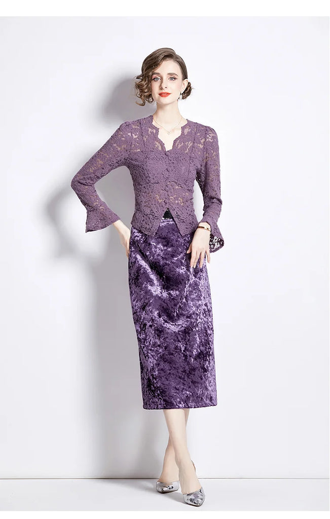 Elegant Lace & Velvet Dress Suit Set