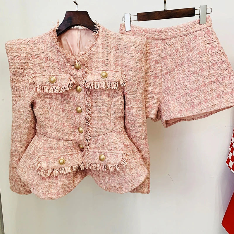 Gold Buttons Tweed Jacket Shorts Set