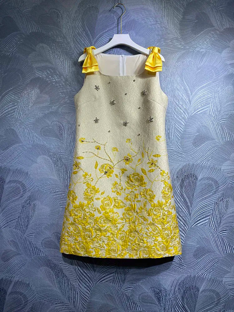Gorgeous  Bow Beaded Print Sleeveless Tank Jacquard Mini Dress