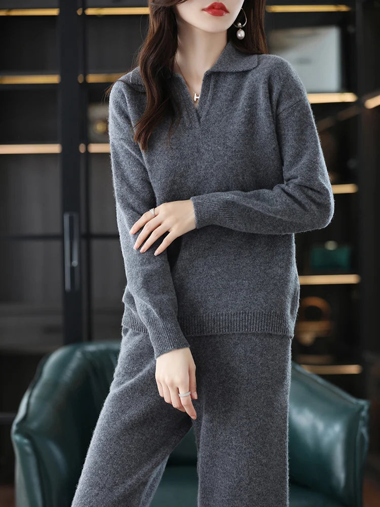 Cashmere Sweater Wide-Leg Pants Wool Knitted Two-Piece Suit