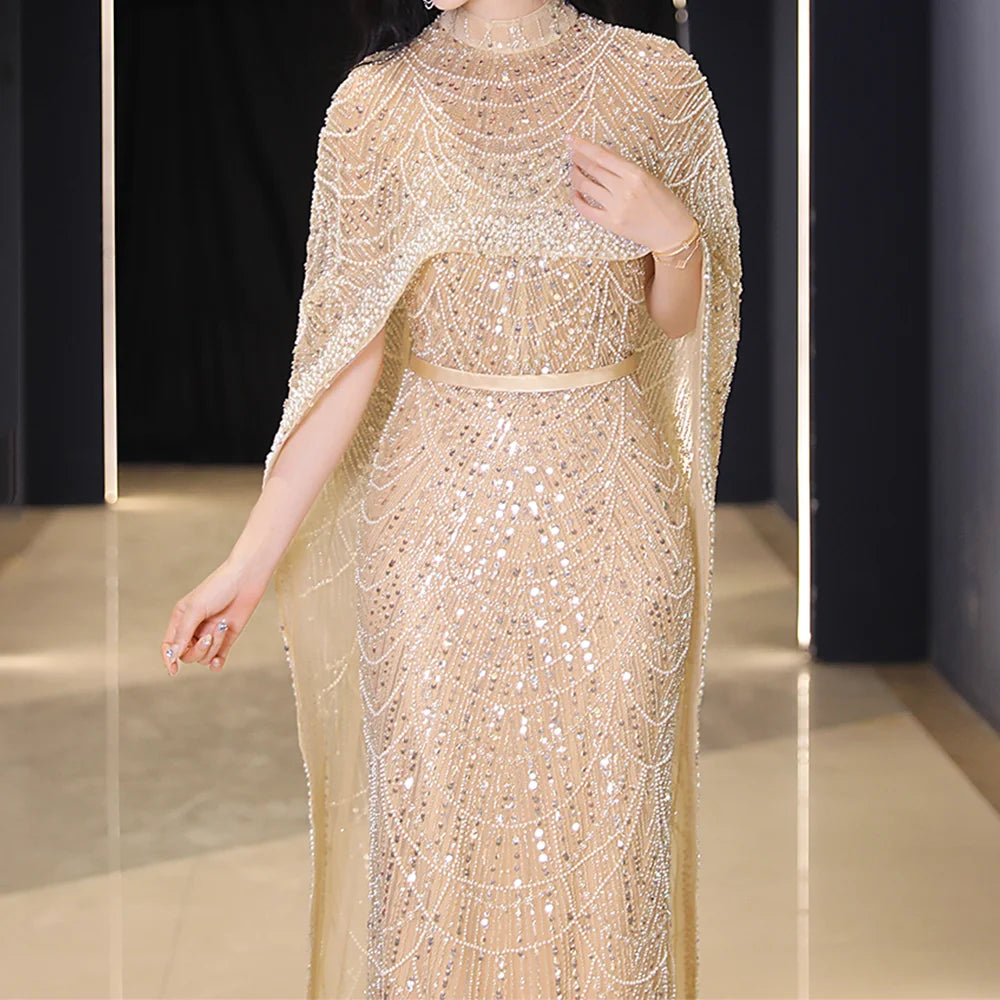 Champagne  Heavy Pearls with Cape Evening Dress