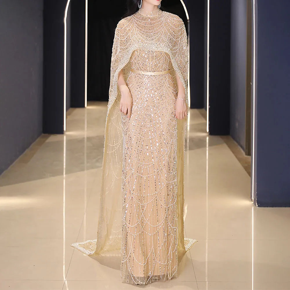 Champagne  Heavy Pearls with Cape Evening Dress