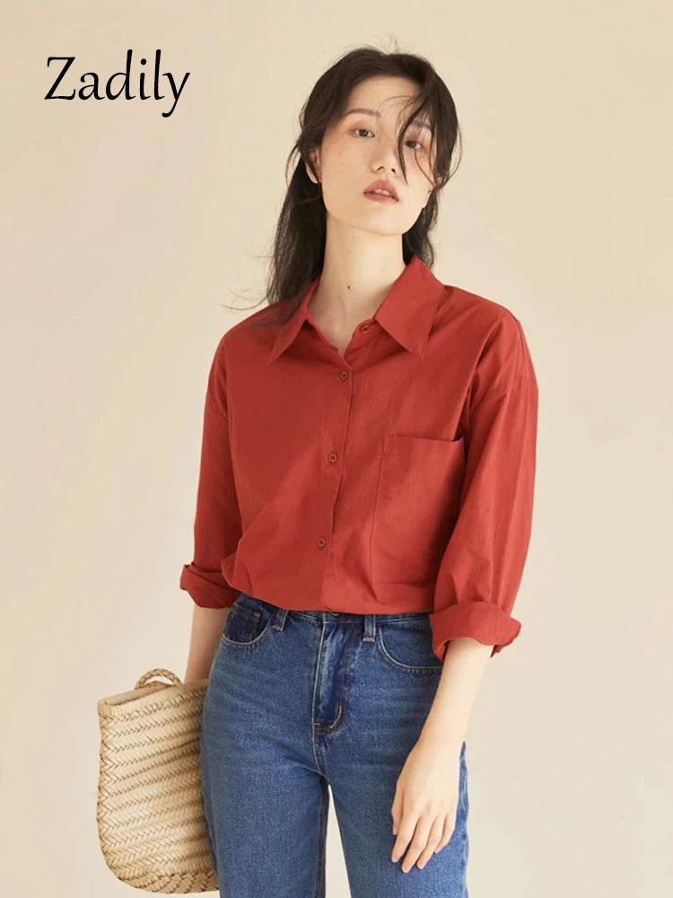 Basic Red Button Up Long Sleeve Work Blouse