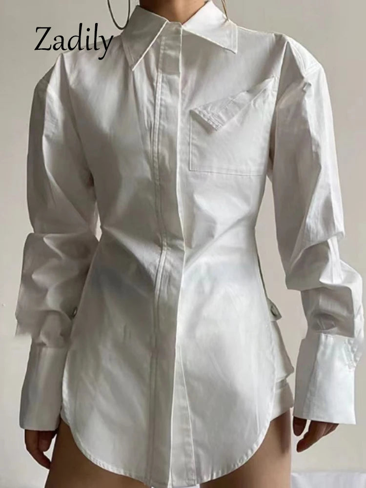 White Minimalist Pocket Button-Up Ladies Tunic Blouse