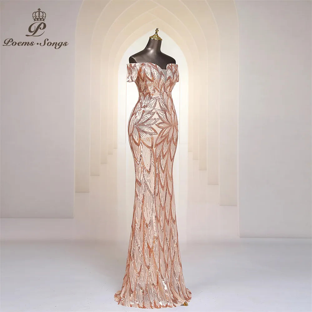 Gold Sequins Trumpet Long Evening Dress Off Shoulder Maxi Dress