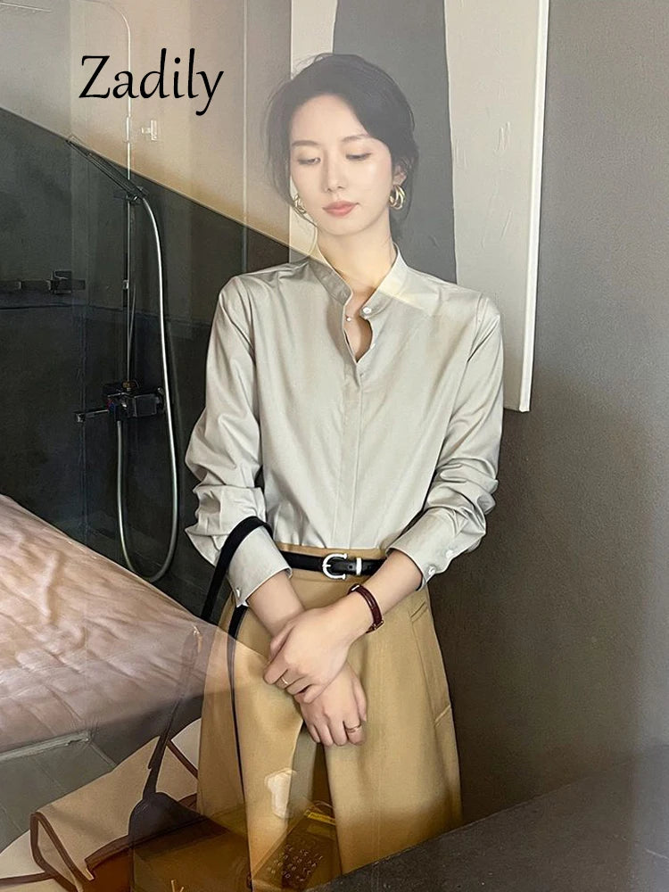 Minimalist Button-Up Stand Neck Solid Blouse