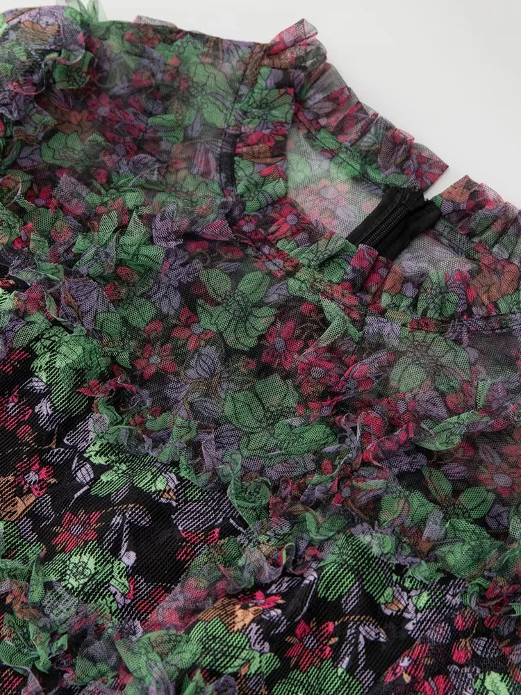 Ruffle Flower Print Vintage Midi Dress