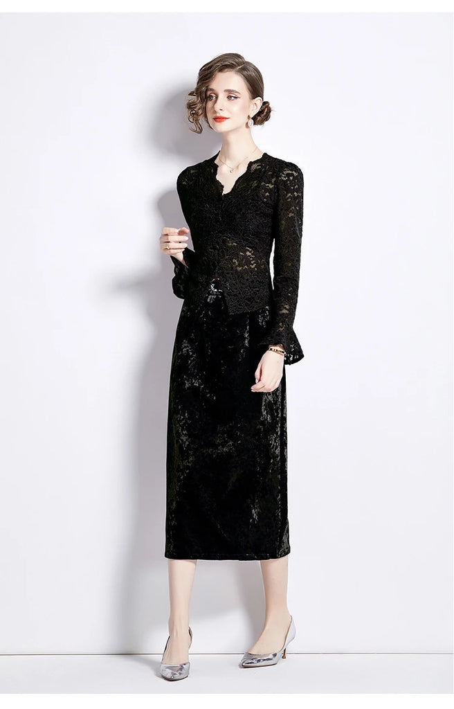 Elegant Lace & Velvet Dress Suit Set