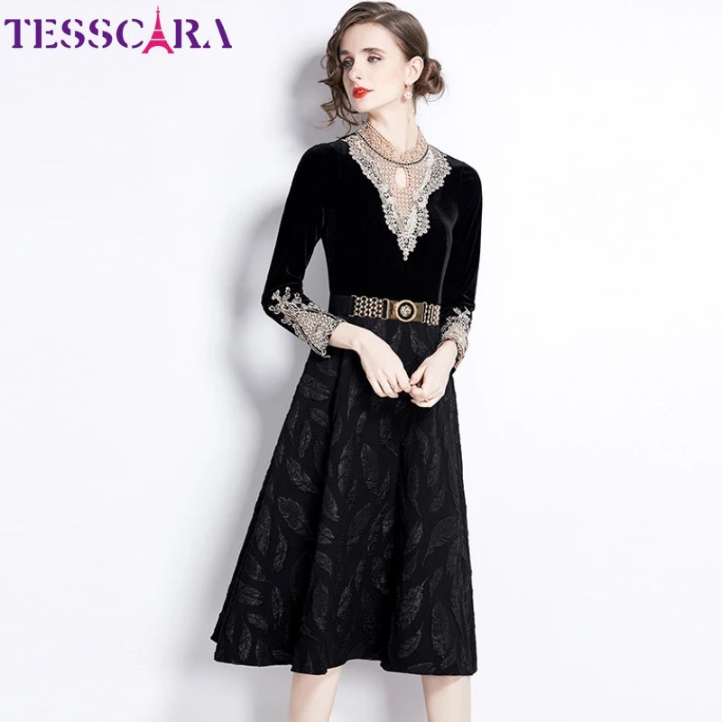 Black Elegant Velvet Jacquard Cocktail Midi Dress