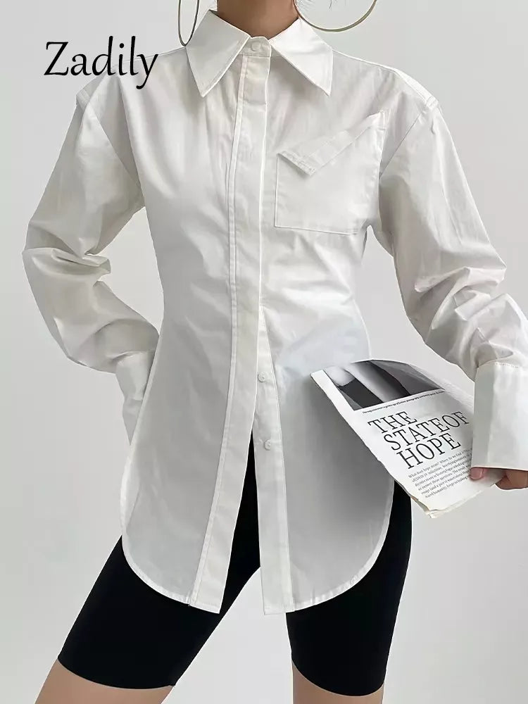 White Minimalist Pocket Button-Up Ladies Tunic Blouse