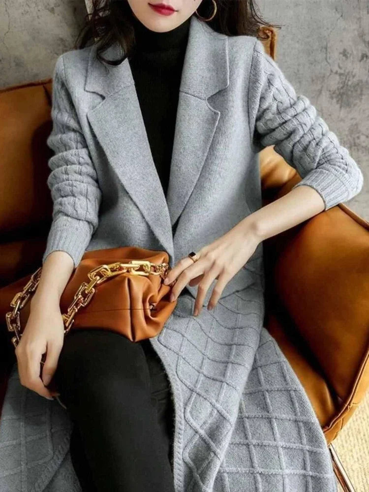 Oversized Knitted Tops Suit Collar Long Sleeve Cardigan