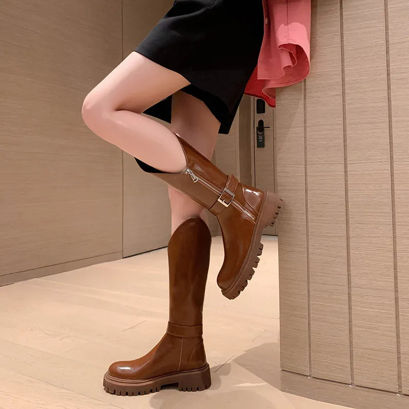 Knee-High Leather Round Toe Oblique Belt Buckle Boots
