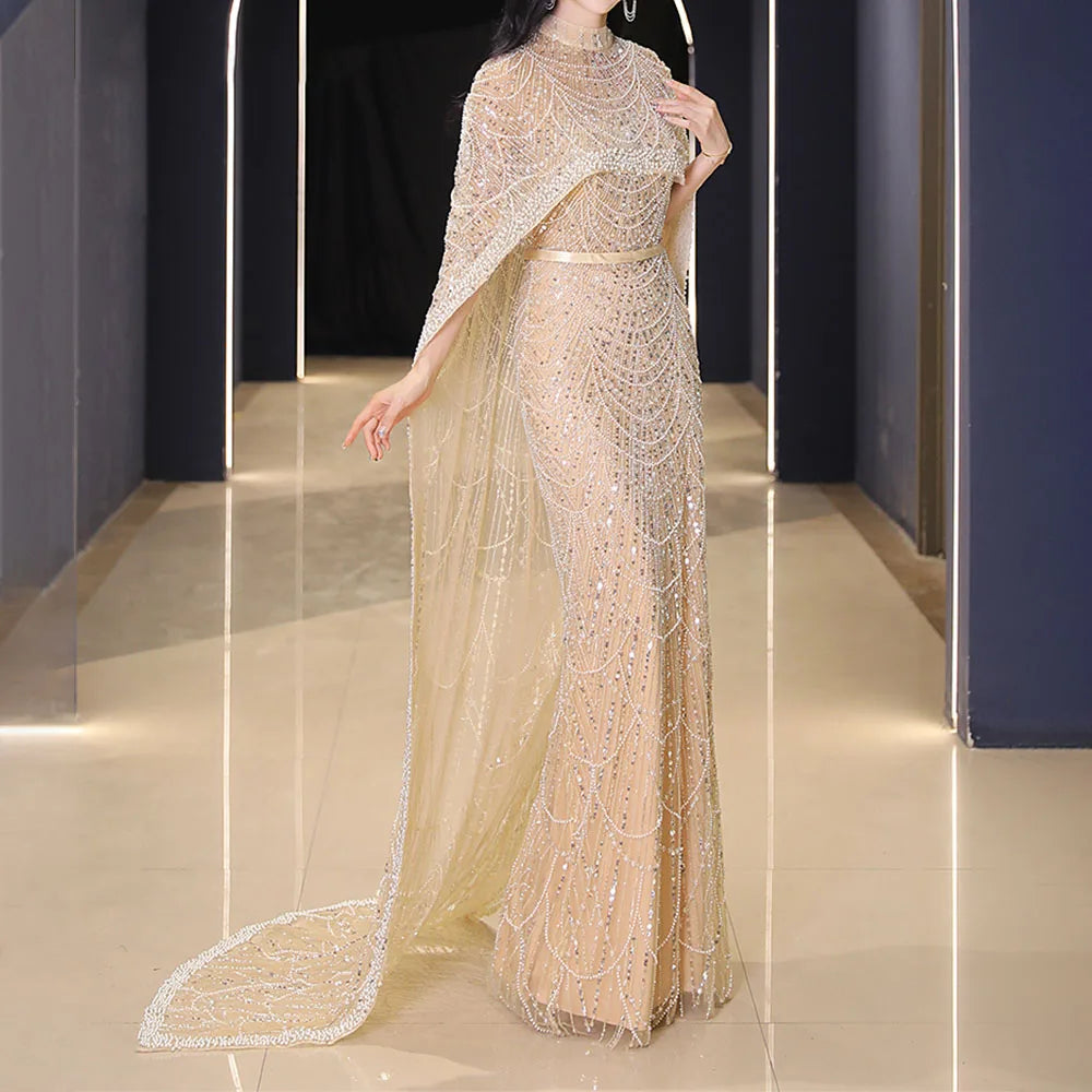 Champagne  Heavy Pearls with Cape Evening Dress
